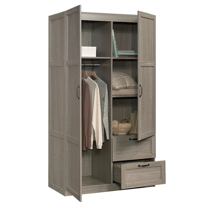 Armoire de rangement avec tringle et tiroirs en chêne blanc / chêne des Highlands / sycomore argenté pour 1 personne