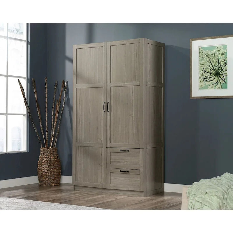 Armoire de rangement avec tringle et tiroirs en chêne blanc / chêne des Highlands / sycomore argenté pour 1 personne