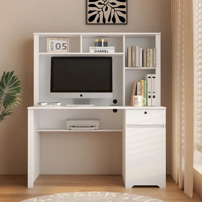 Bureau d'ordinateur blanc en MDF avec étagère, tiroirs, 3 prises CA et 2 ports USB pour 1 personne