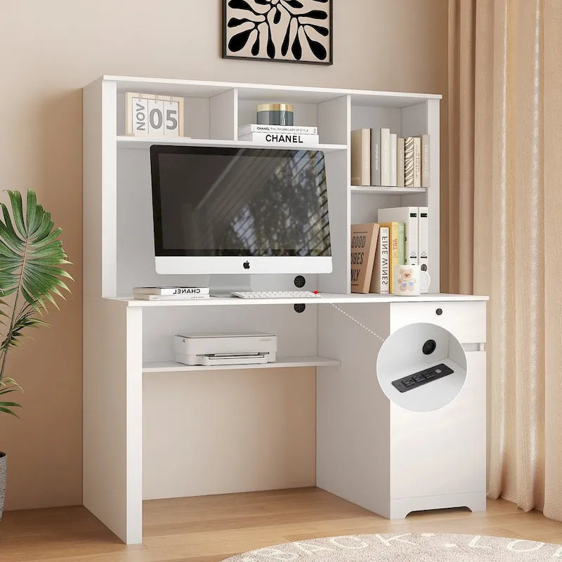 Bureau d'ordinateur blanc en MDF avec étagère, tiroirs, 3 prises CA et 2 ports USB pour 1 personne