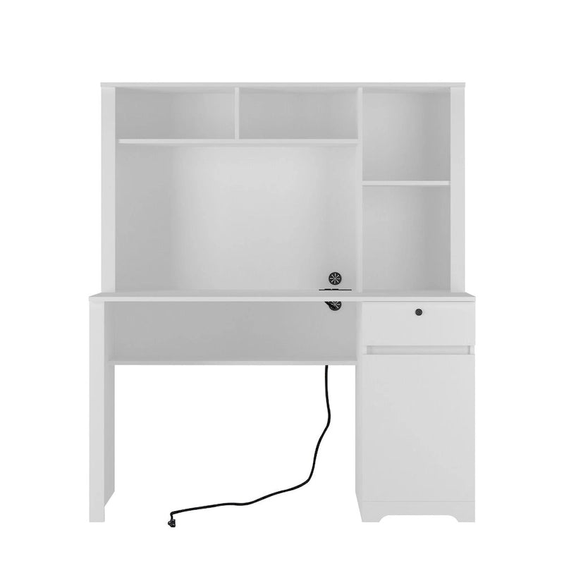 Bureau d'ordinateur blanc en MDF avec étagère, tiroirs, 3 prises CA et 2 ports USB pour 1 personne