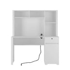 Bureau d'ordinateur blanc en MDF avec étagère, tiroirs, 3 prises CA et 2 ports USB pour 1 personne