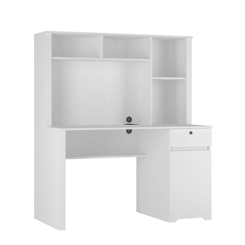 Bureau d'ordinateur blanc en MDF avec étagère, tiroirs, 3 prises CA et 2 ports USB pour 1 personne