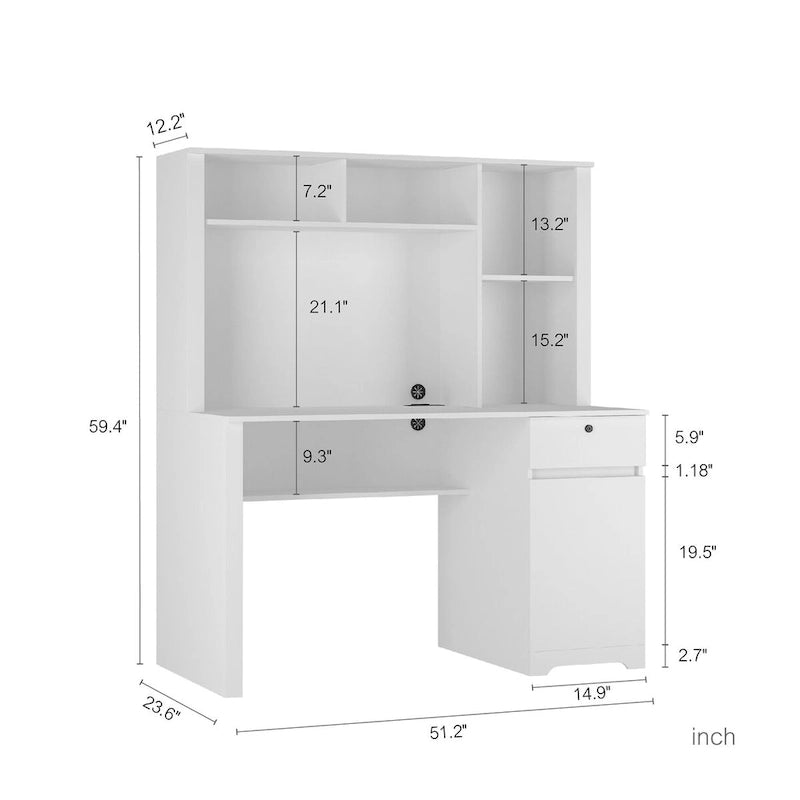Bureau d'ordinateur blanc en MDF avec étagère, tiroirs, 3 prises CA et 2 ports USB pour 1 personne