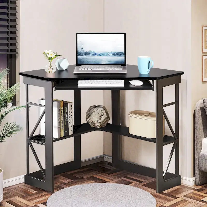 Bureau d'angle à 90° en MDF Noir / Marron antique / Blanc / Marron foncé / Marron clair / Doré avec tiroir-clavier et étagère pour 1