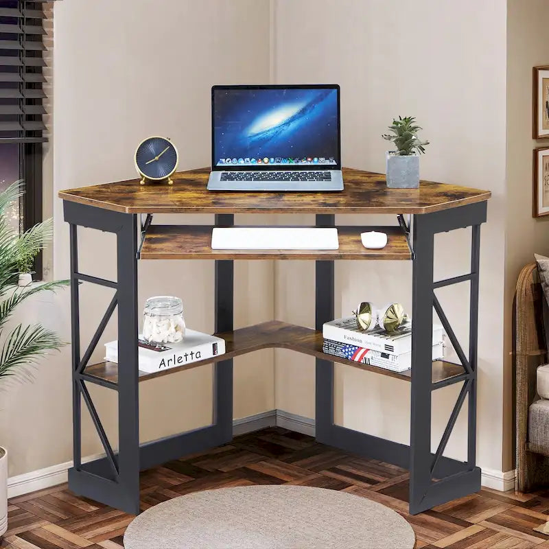 Bureau d'angle à 90° en MDF Noir / Marron antique / Blanc / Marron foncé / Marron clair / Doré avec tiroir-clavier et étagère pour 1