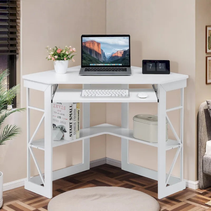 Bureau d'angle à 90° en MDF Noir / Marron antique / Blanc / Marron foncé / Marron clair / Doré avec tiroir-clavier et étagère pour 1