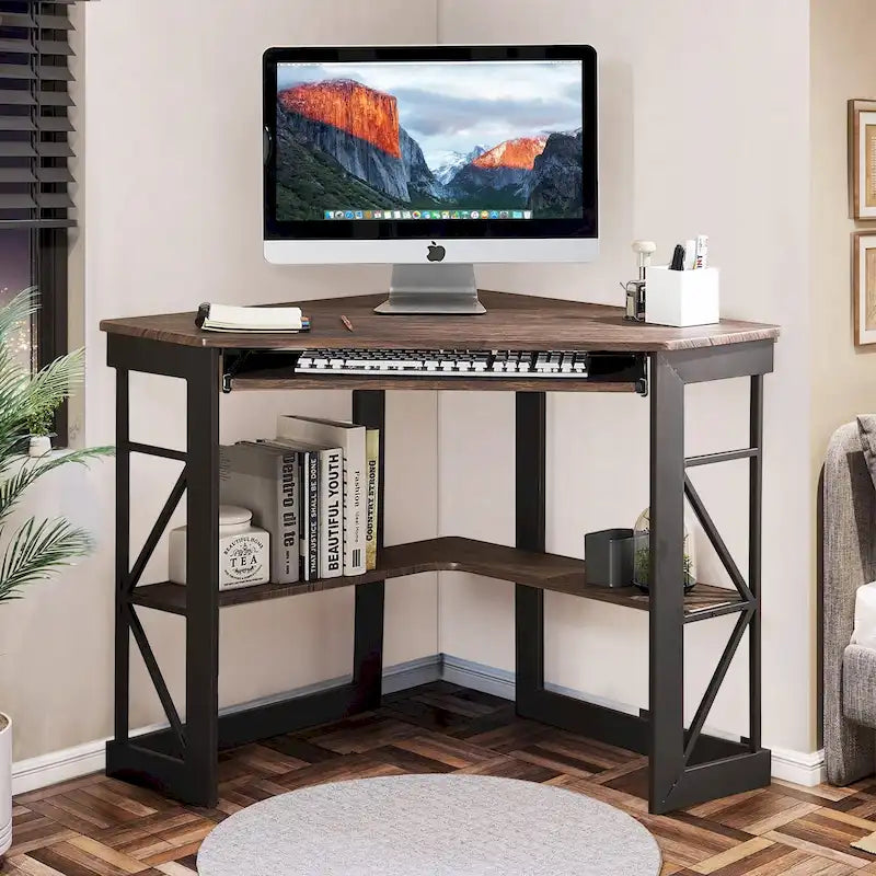 Bureau d'angle à 90° en MDF Noir / Marron antique / Blanc / Marron foncé / Marron clair / Doré avec tiroir-clavier et étagère pour 1