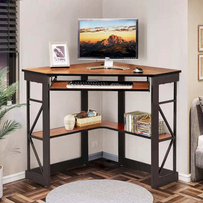 Bureau d'angle à 90° en MDF Noir / Marron antique / Blanc / Marron foncé / Marron clair / Doré avec tiroir-clavier et étagère pour 1