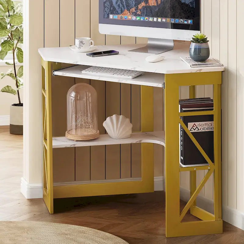 Bureau d'angle à 90° en MDF Noir / Marron antique / Blanc / Marron foncé / Marron clair / Doré avec tiroir-clavier et étagère pour 1