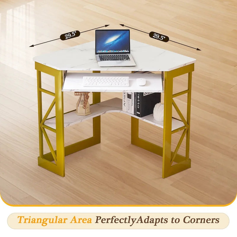 Bureau d'angle à 90° en MDF Noir / Marron antique / Blanc / Marron foncé / Marron clair / Doré avec tiroir-clavier et étagère pour 1