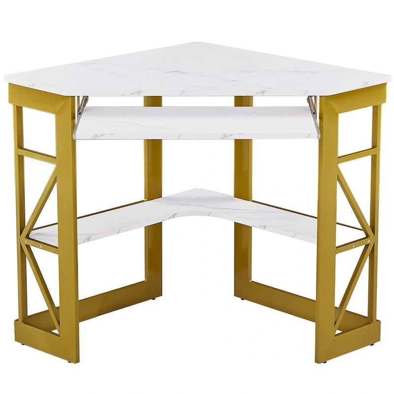 Bureau d'angle à 90° en MDF Noir / Marron antique / Blanc / Marron foncé / Marron clair / Doré avec tiroir-clavier et étagère pour 1