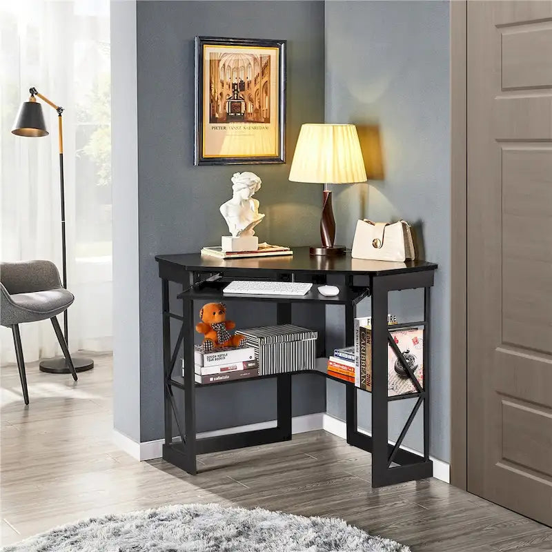 Bureau d'angle à 90° en MDF Noir / Marron antique / Blanc / Marron foncé / Marron clair / Doré avec tiroir-clavier et étagère pour 1