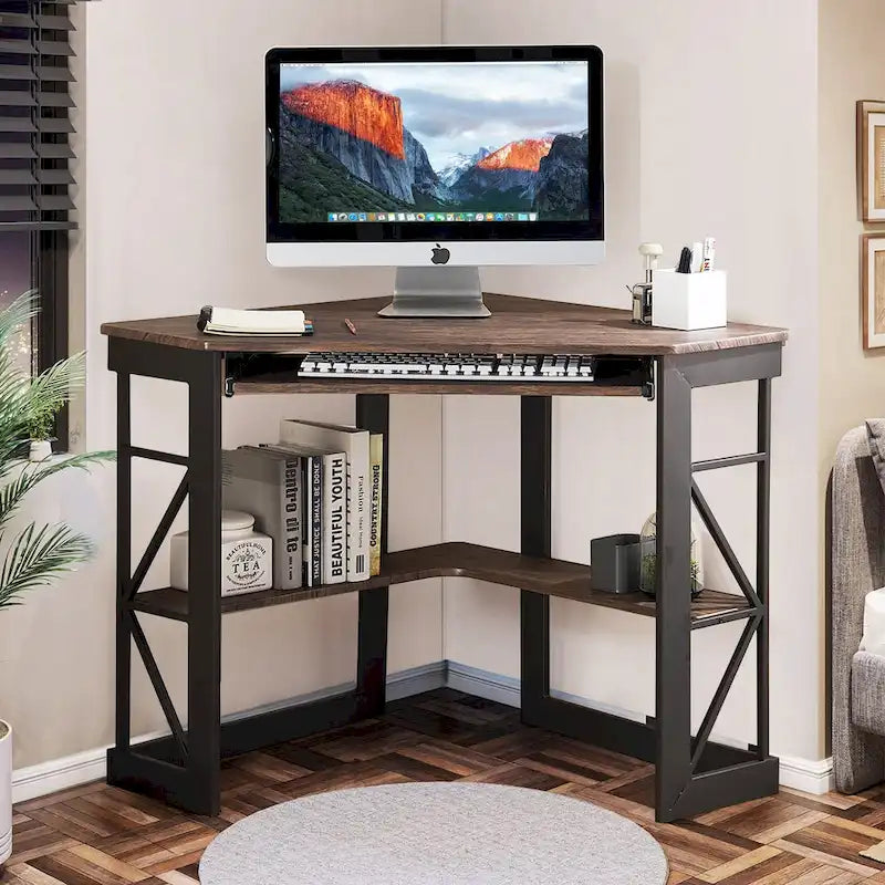 Bureau d'angle à 90° en MDF Noir / Marron antique / Blanc / Marron foncé / Marron clair / Doré avec tiroir-clavier et étagère pour 1
