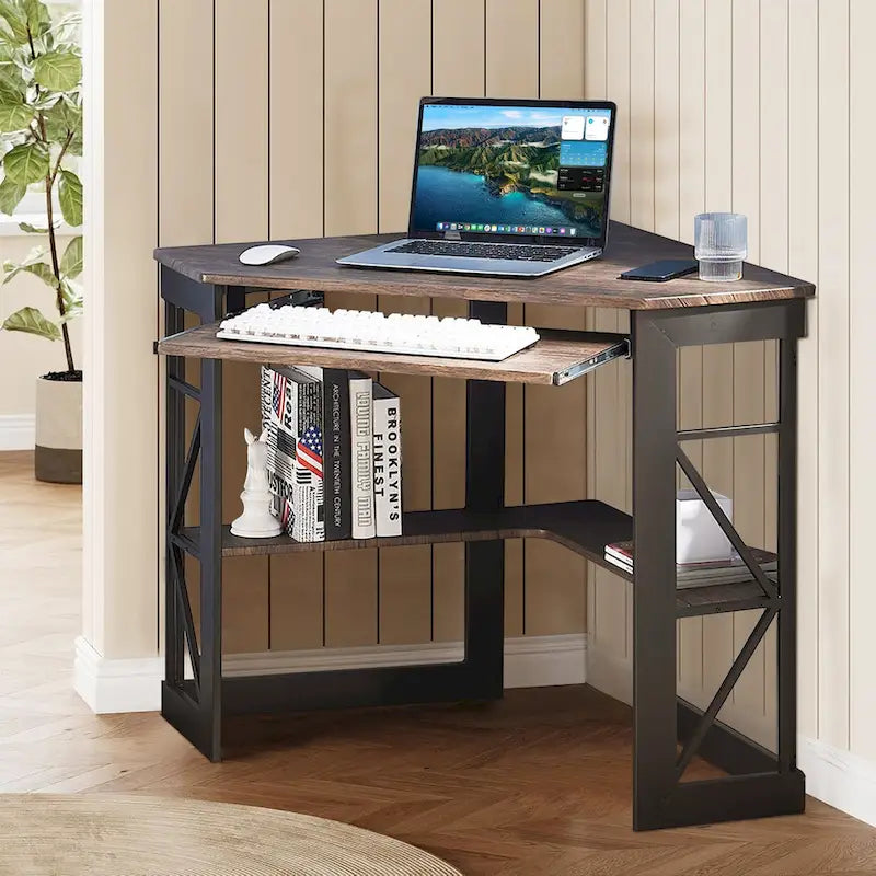 Bureau d'angle à 90° en MDF Noir / Marron antique / Blanc / Marron foncé / Marron clair / Doré avec tiroir-clavier et étagère pour 1