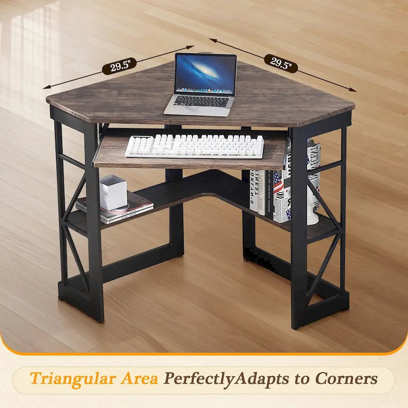 Bureau d'angle à 90° en MDF Noir / Marron antique / Blanc / Marron foncé / Marron clair / Doré avec tiroir-clavier et étagère pour 1