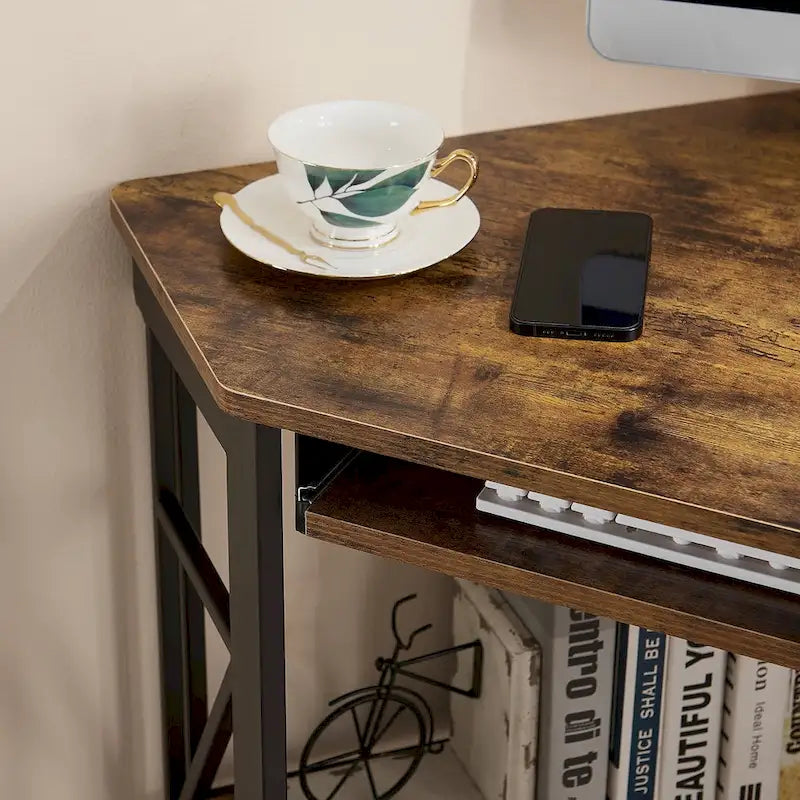 Bureau d'angle à 90° en MDF Noir / Marron antique / Blanc / Marron foncé / Marron clair / Doré avec tiroir-clavier et étagère pour 1
