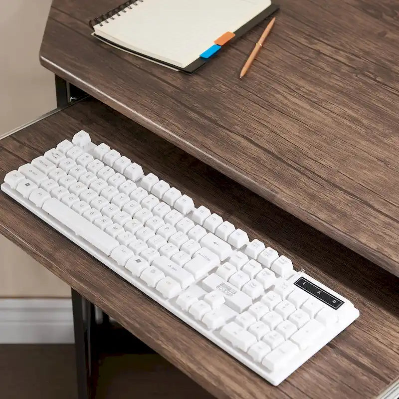 Bureau d'angle à 90° en MDF Noir / Marron antique / Blanc / Marron foncé / Marron clair / Doré avec tiroir-clavier et étagère pour 1