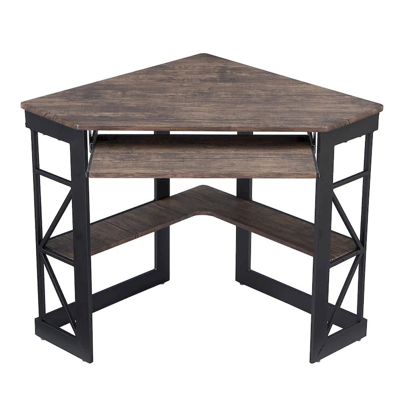 Bureau d'angle à 90° en MDF Noir / Marron antique / Blanc / Marron foncé / Marron clair / Doré avec tiroir-clavier et étagère pour 1
