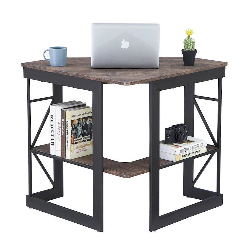 Bureau d'angle à 90° en MDF Noir / Marron antique / Blanc / Marron foncé / Marron clair / Doré avec tiroir-clavier et étagère pour 1