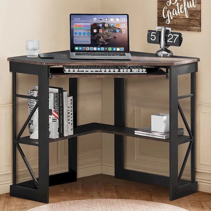 Bureau d'angle à 90° en MDF Noir / Marron antique / Blanc / Marron foncé / Marron clair / Doré avec tiroir-clavier et étagère pour 1