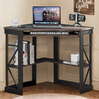 Bureau d'angle à 90° en MDF Noir / Marron antique / Blanc / Marron foncé / Marron clair / Doré avec tiroir-clavier et étagère pour 1