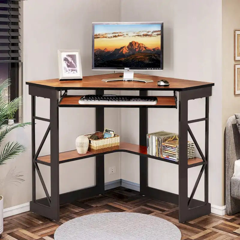 Bureau d'angle à 90° en MDF Noir / Marron antique / Blanc / Marron foncé / Marron clair / Doré avec tiroir-clavier et étagère pour 1