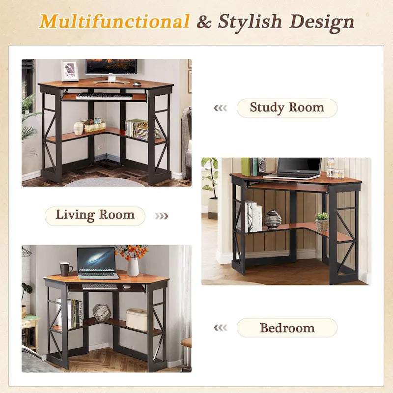Bureau d'angle à 90° en MDF Noir / Marron antique / Blanc / Marron foncé / Marron clair / Doré avec tiroir-clavier et étagère pour 1