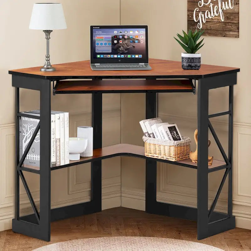 Bureau d'angle à 90° en MDF Noir / Marron antique / Blanc / Marron foncé / Marron clair / Doré avec tiroir-clavier et étagère pour 1