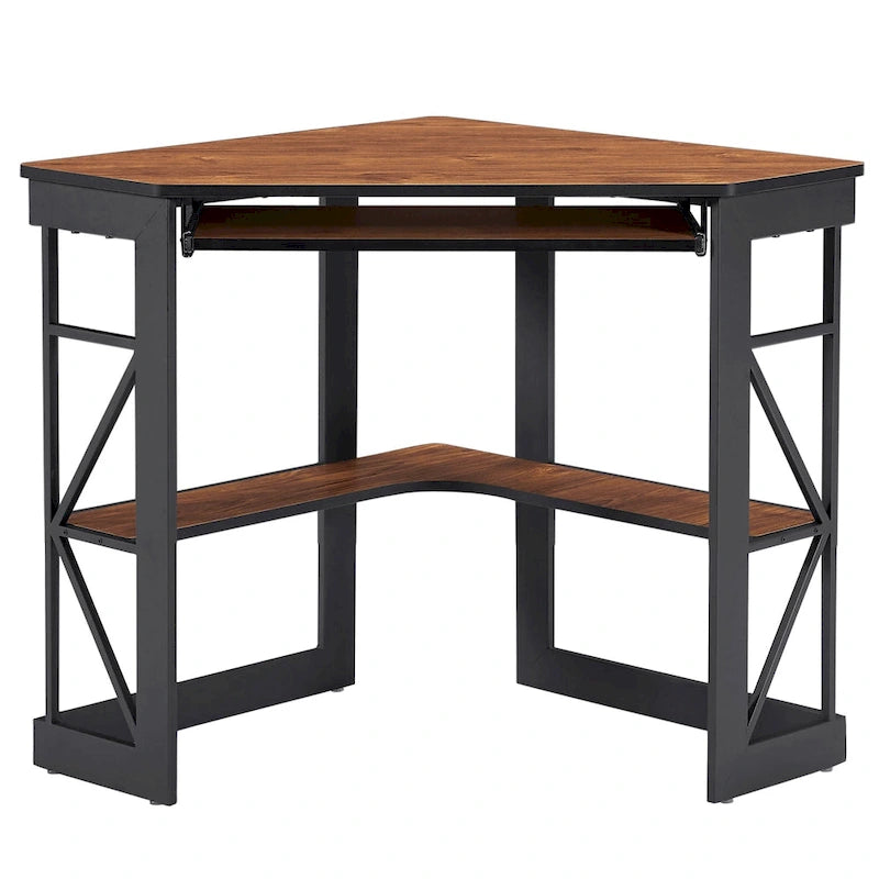Bureau d'angle à 90° en MDF Noir / Marron antique / Blanc / Marron foncé / Marron clair / Doré avec tiroir-clavier et étagère pour 1