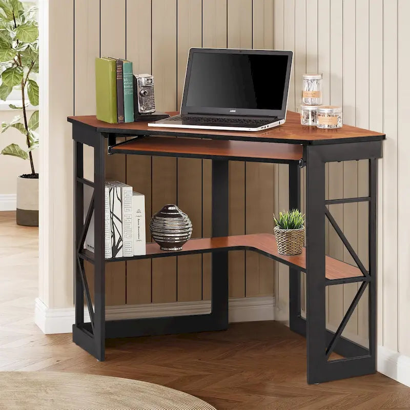 Bureau d'angle à 90° en MDF Noir / Marron antique / Blanc / Marron foncé / Marron clair / Doré avec tiroir-clavier et étagère pour 1