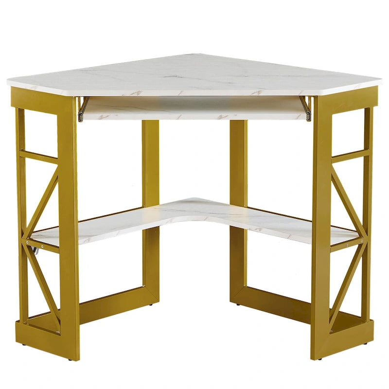 Bureau d'angle à 90° en MDF Noir / Marron antique / Blanc / Marron foncé / Marron clair / Doré avec tiroir-clavier et étagère pour 1