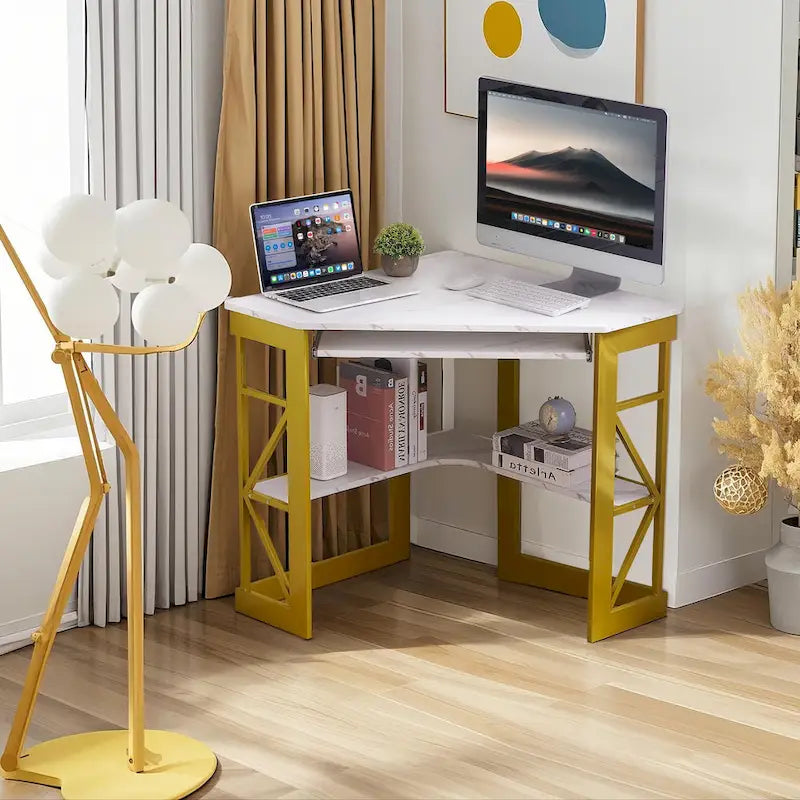 Bureau d'angle à 90° en MDF Noir / Marron antique / Blanc / Marron foncé / Marron clair / Doré avec tiroir-clavier et étagère pour 1