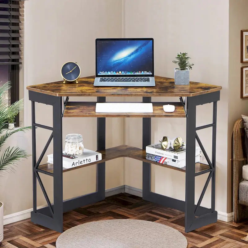 Bureau d'angle à 90° en MDF Noir / Marron antique / Blanc / Marron foncé / Marron clair / Doré avec tiroir-clavier et étagère pour 1