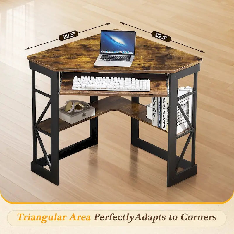 Bureau d'angle à 90° en MDF Noir / Marron antique / Blanc / Marron foncé / Marron clair / Doré avec tiroir-clavier et étagère pour 1