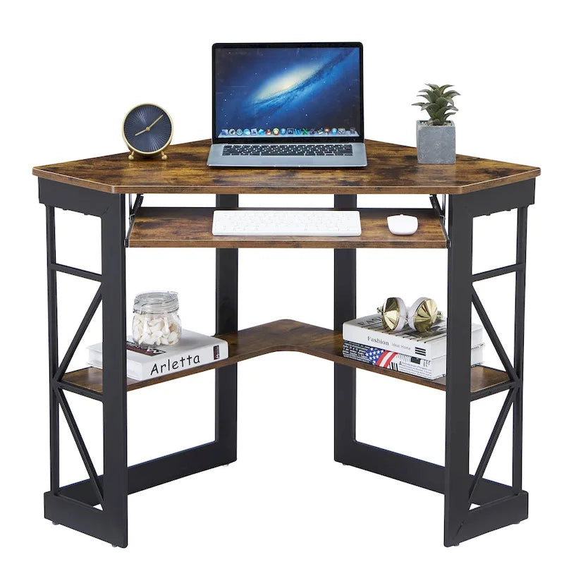 Bureau d'angle à 90° en MDF Noir / Marron antique / Blanc / Marron foncé / Marron clair / Doré avec tiroir-clavier et étagère pour 1