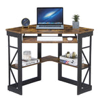 Bureau d'angle à 90° en MDF Noir / Marron antique / Blanc / Marron foncé / Marron clair / Doré avec tiroir-clavier et étagère pour 1