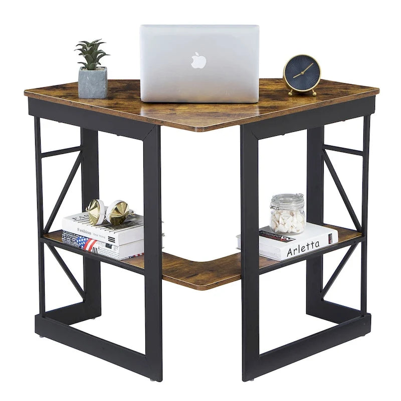 Bureau d'angle à 90° en MDF Noir / Marron antique / Blanc / Marron foncé / Marron clair / Doré avec tiroir-clavier et étagère pour 1