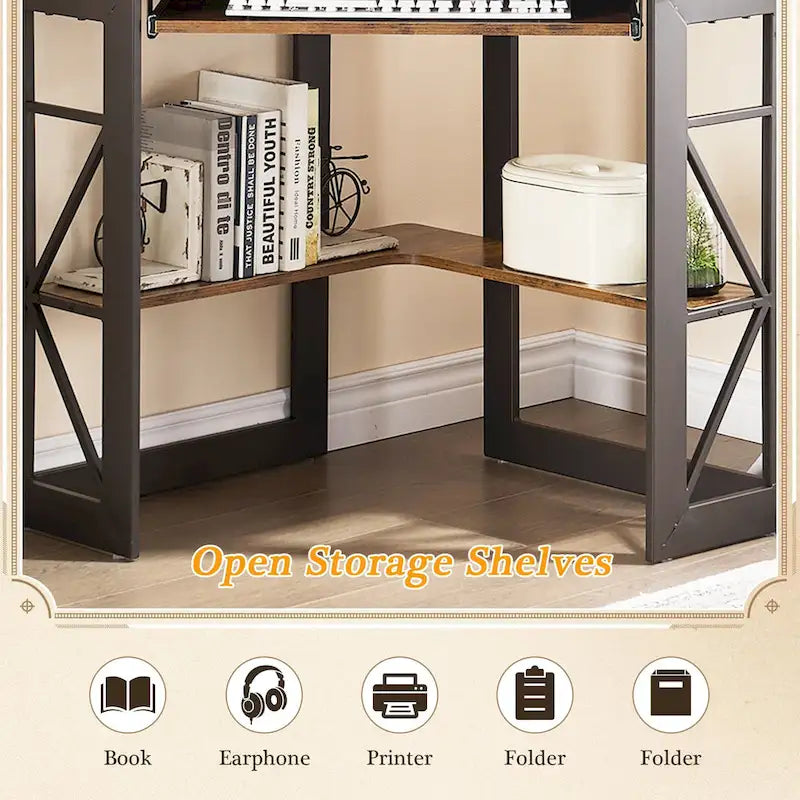 Bureau d'angle à 90° en MDF Noir / Marron antique / Blanc / Marron foncé / Marron clair / Doré avec tiroir-clavier et étagère pour 1