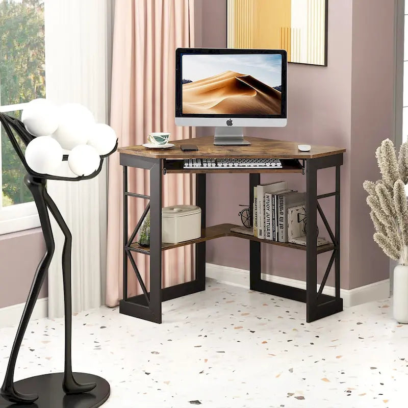 Bureau d'angle à 90° en MDF Noir / Marron antique / Blanc / Marron foncé / Marron clair / Doré avec tiroir-clavier et étagère pour 1