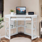 Bureau d'angle à 90° en MDF Noir / Marron antique / Blanc / Marron foncé / Marron clair / Doré avec tiroir-clavier et étagère pour 1
