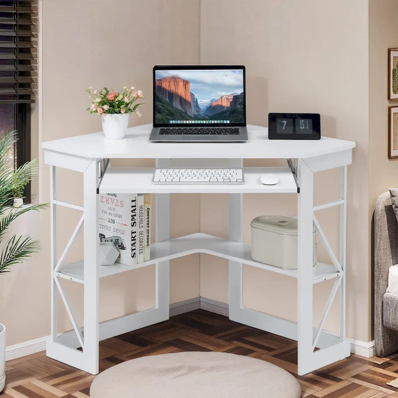 Bureau d'angle à 90° en MDF Noir / Marron antique / Blanc / Marron foncé / Marron clair / Doré avec tiroir-clavier et étagère pour 1