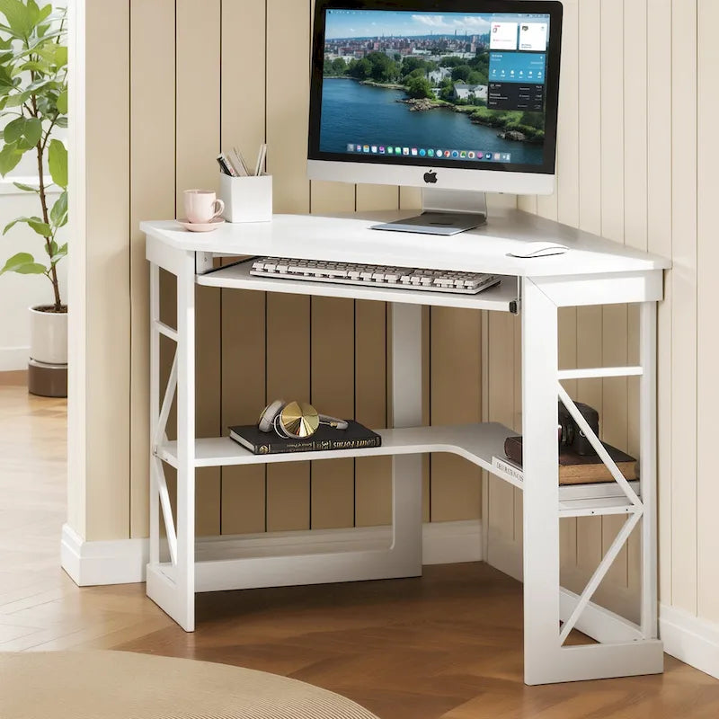 Bureau d'angle à 90° en MDF Noir / Marron antique / Blanc / Marron foncé / Marron clair / Doré avec tiroir-clavier et étagère pour 1