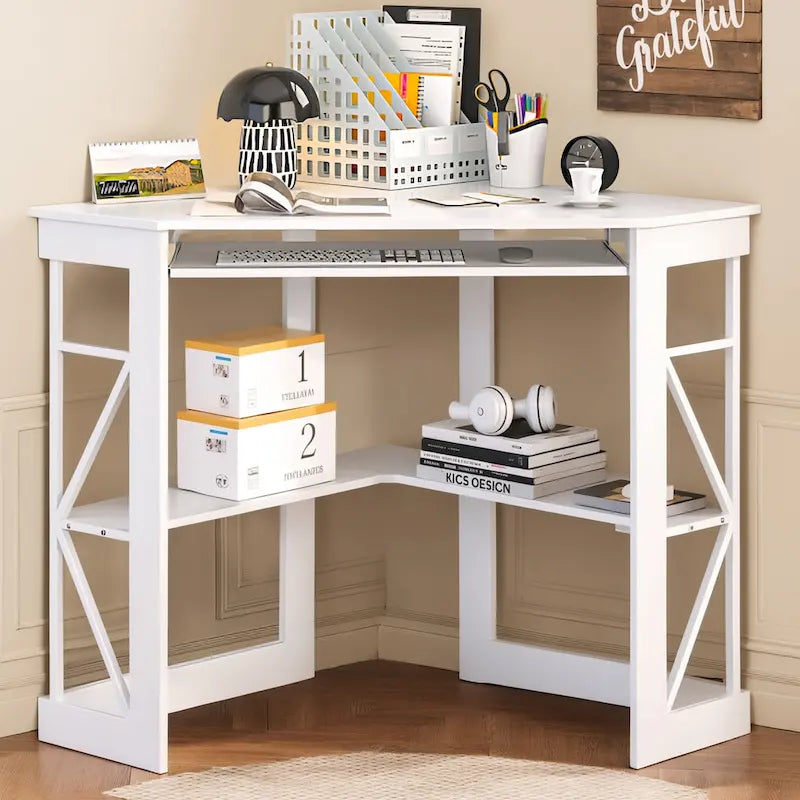 Bureau d'angle à 90° en MDF Noir / Marron antique / Blanc / Marron foncé / Marron clair / Doré avec tiroir-clavier et étagère pour 1