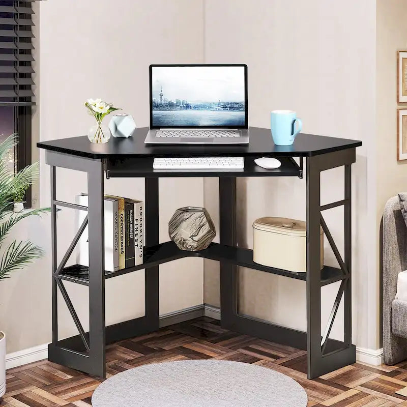 Bureau d'angle à 90° en MDF Noir / Marron antique / Blanc / Marron foncé / Marron clair / Doré avec tiroir-clavier et étagère pour 1