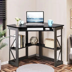 Bureau d'angle à 90° en MDF Noir / Marron antique / Blanc / Marron foncé / Marron clair / Doré avec tiroir-clavier et étagère pour 1