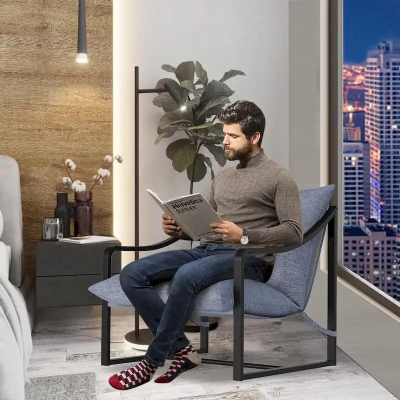 Fauteuil d'appoint inclinable en tissu Tesla marron/bleu, rempli de mousse, avec cadre en métal pour 1 personne