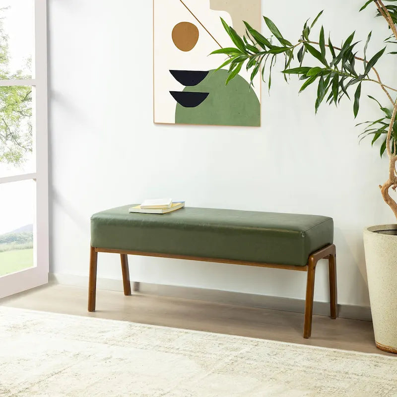 Banc de milieu de siècle en cuir synthétique vert avec pieds en bois d'hévéa pour 1 personne