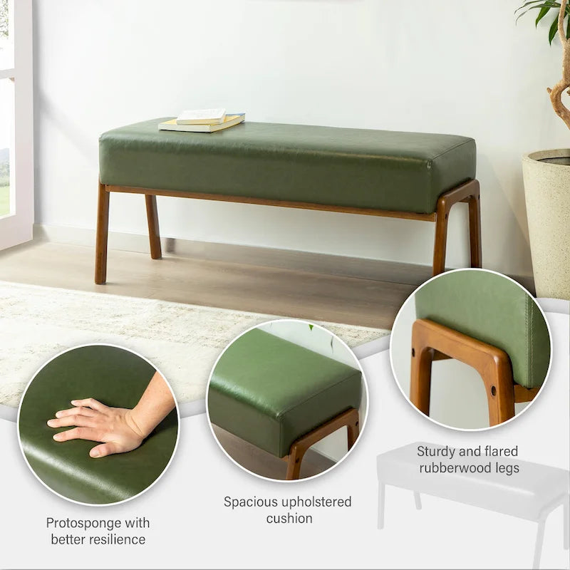 Banc de milieu de siècle en cuir synthétique vert avec pieds en bois d'hévéa pour 1 personne