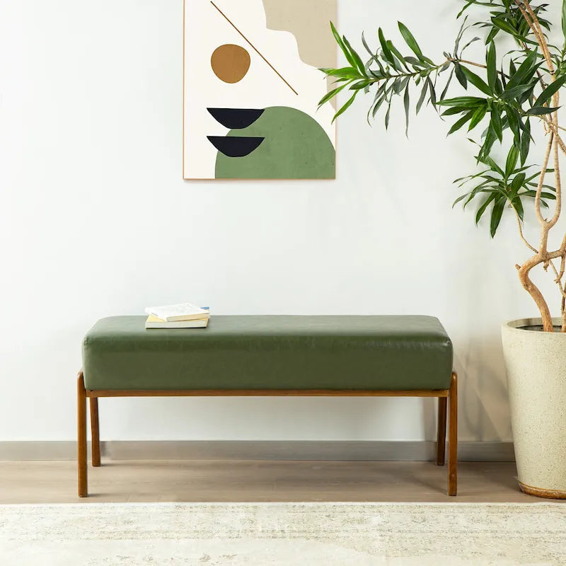 Banc de milieu de siècle en cuir synthétique vert avec pieds en bois d'hévéa pour 1 personne